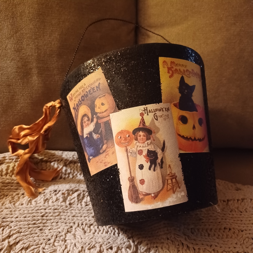 Black Halloween Bucket with Vintage Prints